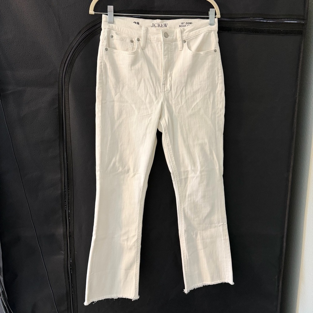 J.CREW 10" Demi Boot Crop White Denim Jeans 28 Fray Hem Stretchy